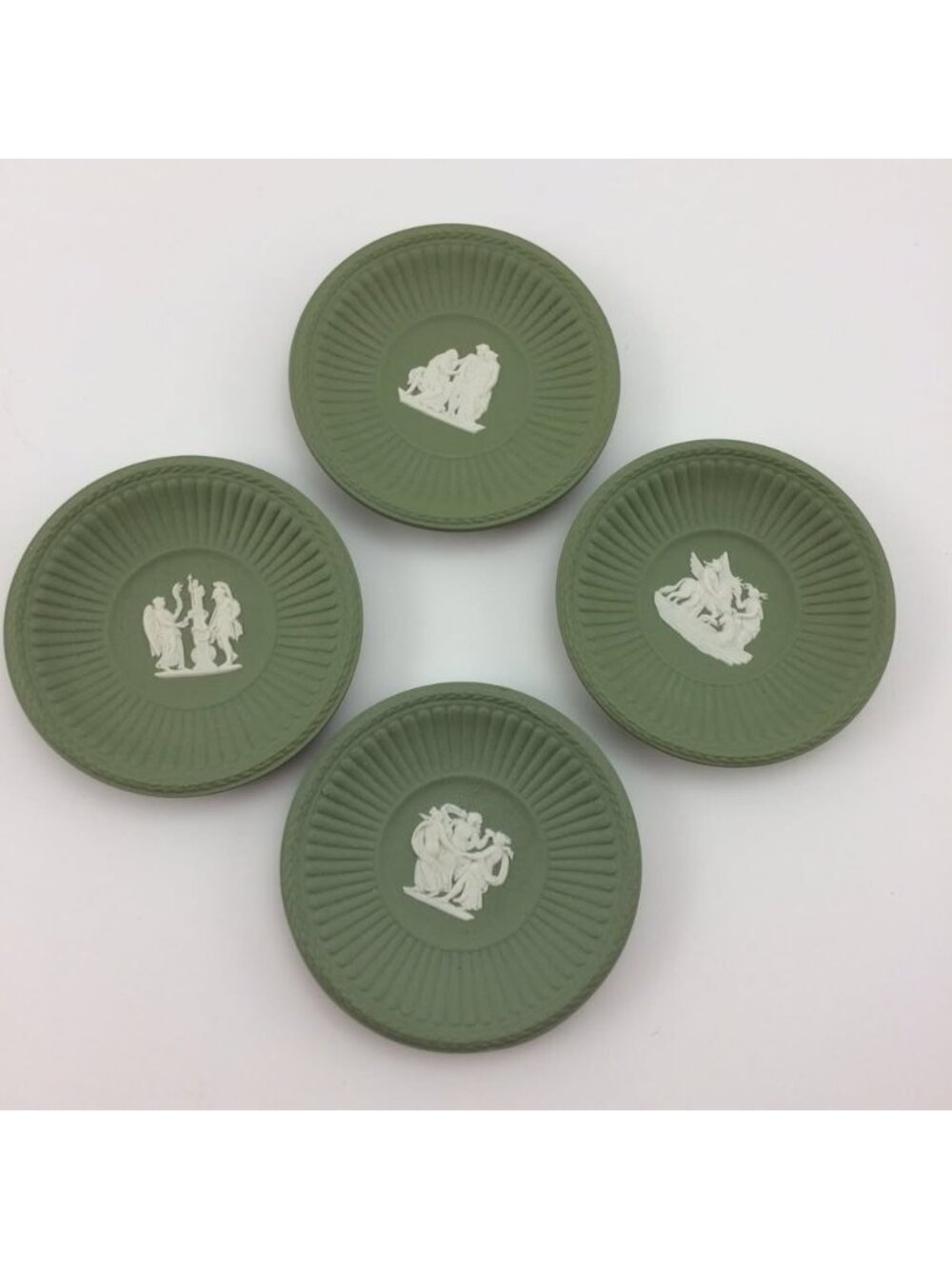 4 Mini 3" Wedgwood Plates Green Jaspeware Vintage Trinket Dishes Butter Pat